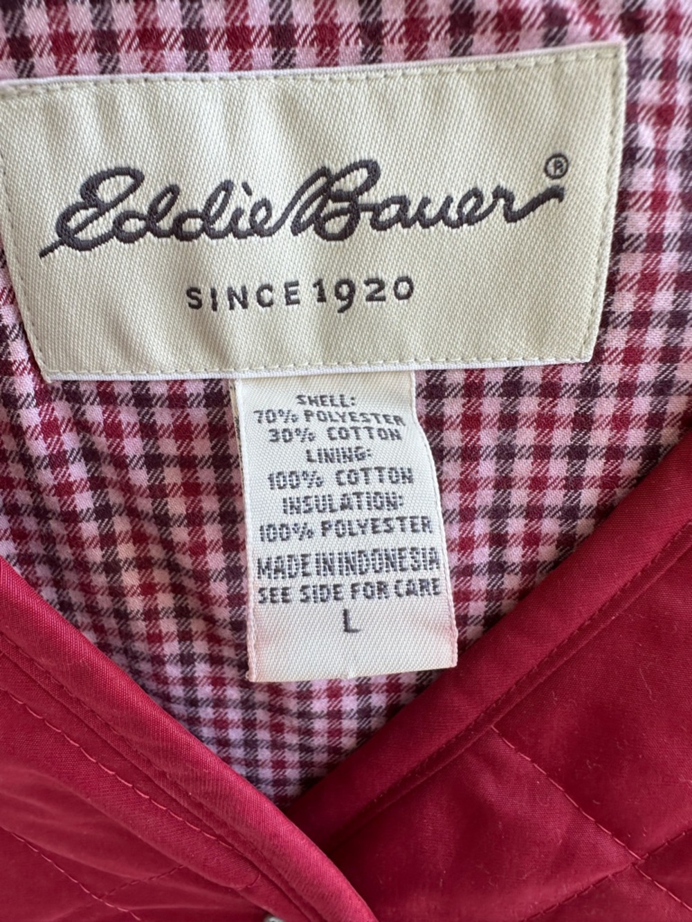 Eddie Bauer Woman’s L Red Plaid Quilted Puffer Vest Lining Pockets Snap - Picture 3 of 7